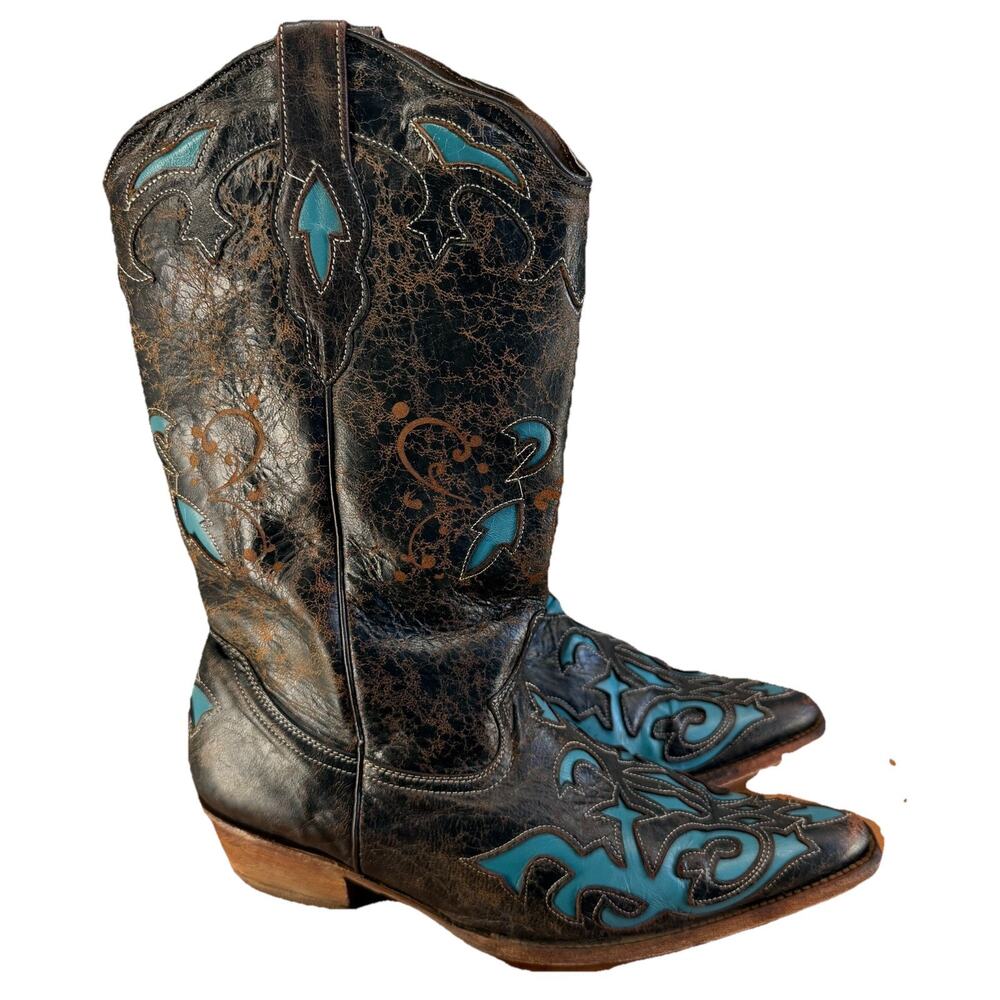 Pecos Bill Womens Western Boots Size 9 Brown Leather Turquoise Inlay Festival